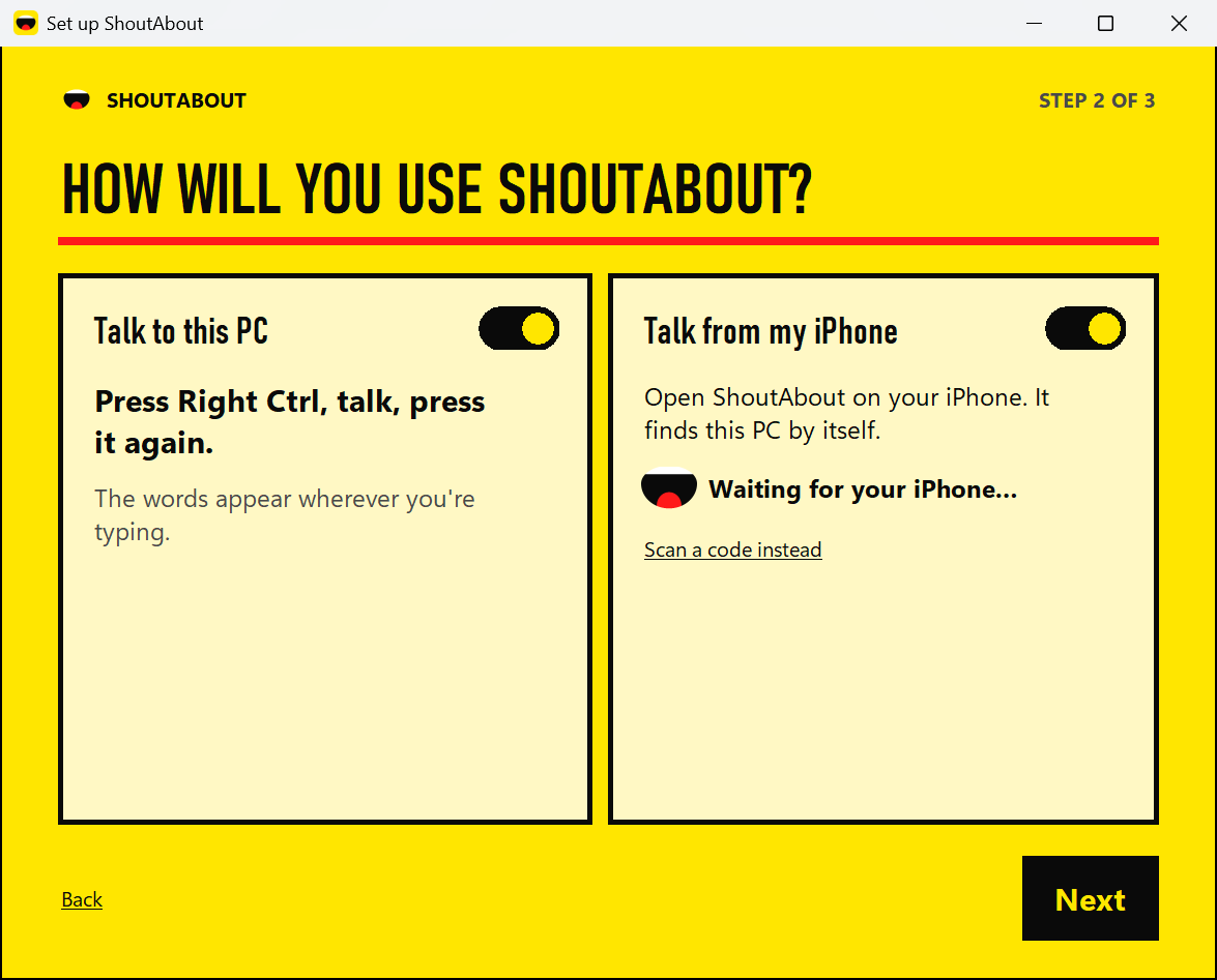 Step 2 of 3, How will you use ShoutAbout: two cards with switches. Talk to this PC: Press Right Ctrl, talk, press it again. Talk from my iPhone: Waiting for your iPhone.